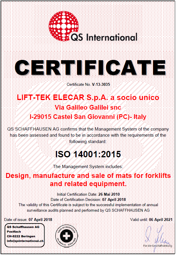 LIFT-TEK ELECAR ISO14001_070418