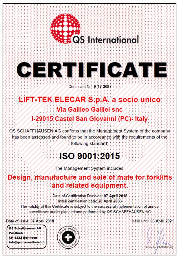 LIFT-TEK ELECAR ISO9001_070418